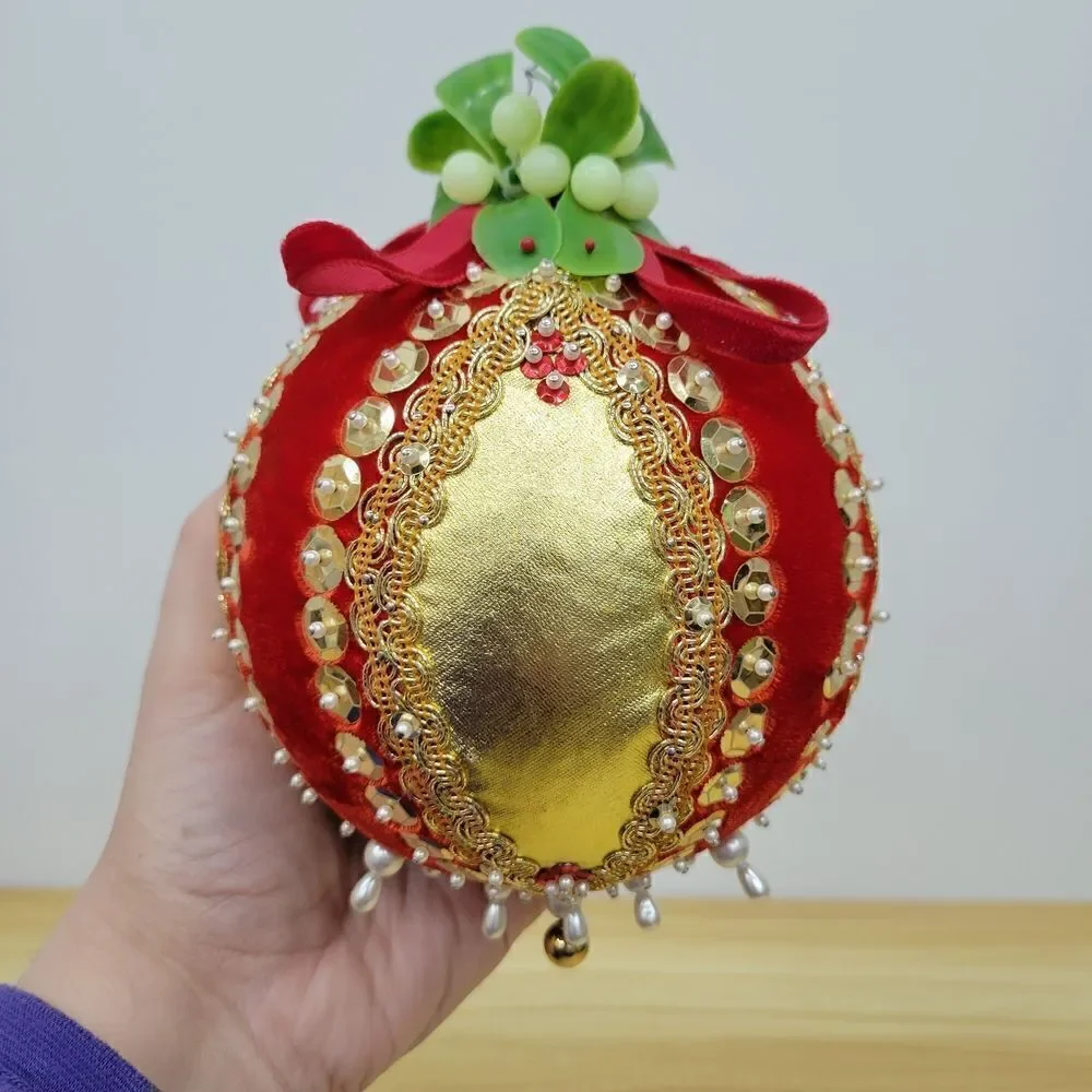 Elegant Vintage Red and Gold Pusg Pin Beaded Sequin MCM Extra Large Ornament